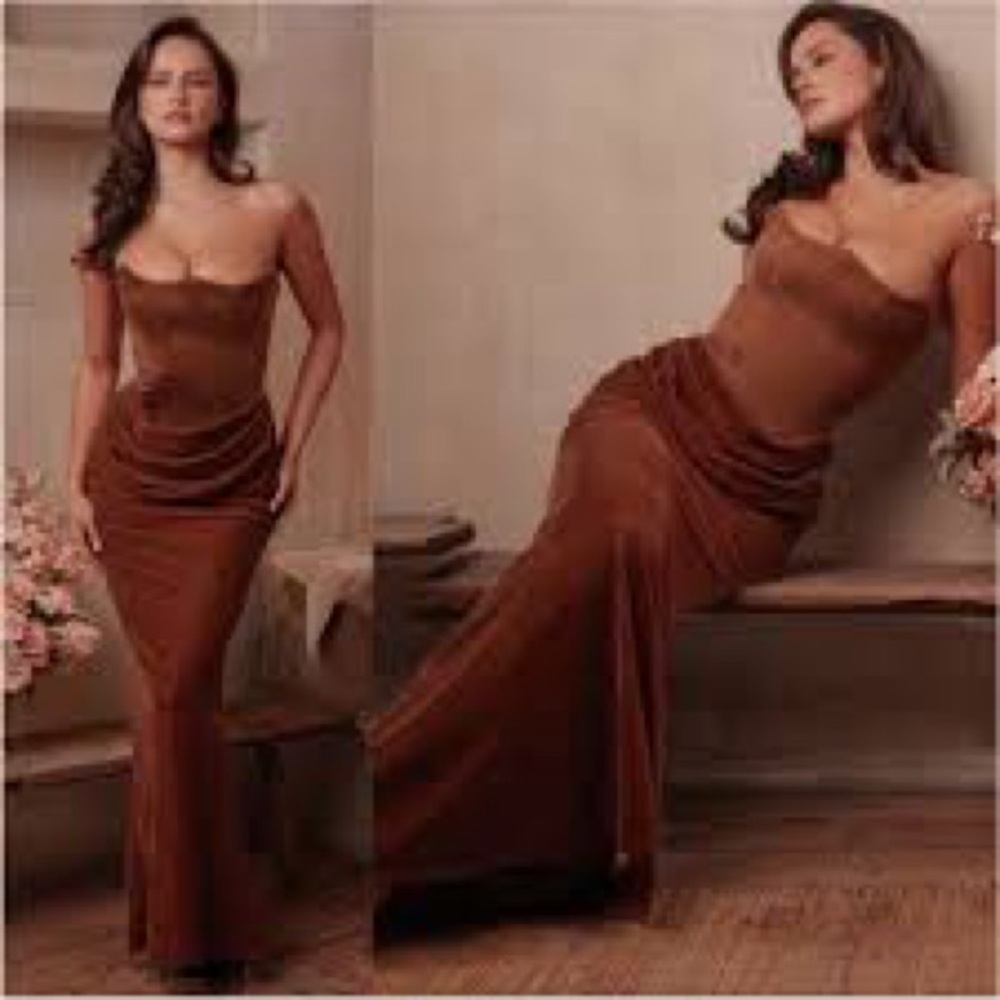 House of CB Strapless Brown Dress Persephone toffee velvet strapless bustier xs
